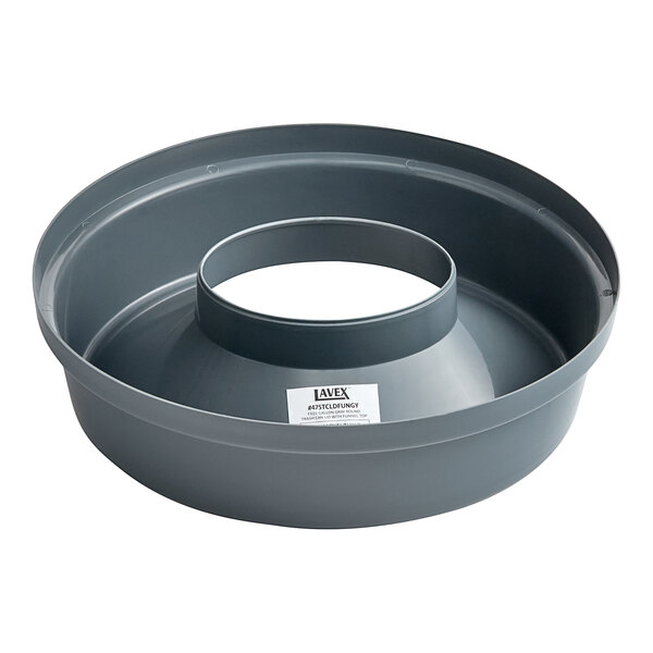 A grey round Lavex Funnel Trash Can Lid with a hole in the center.