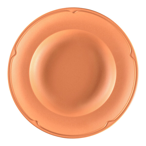 A close-up of a RAK Porcelain Terra Cotta deep plate with a white background and brown rim.