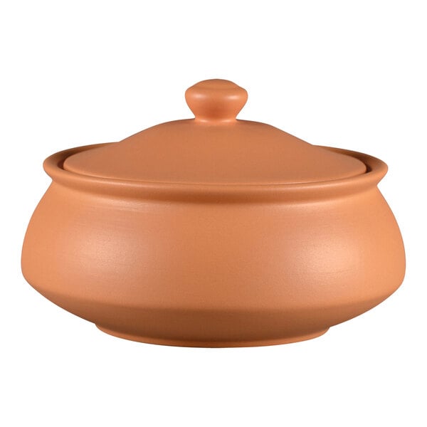 A RAK Porcelain Tero Prima Terra Cotta handi bowl with lid.