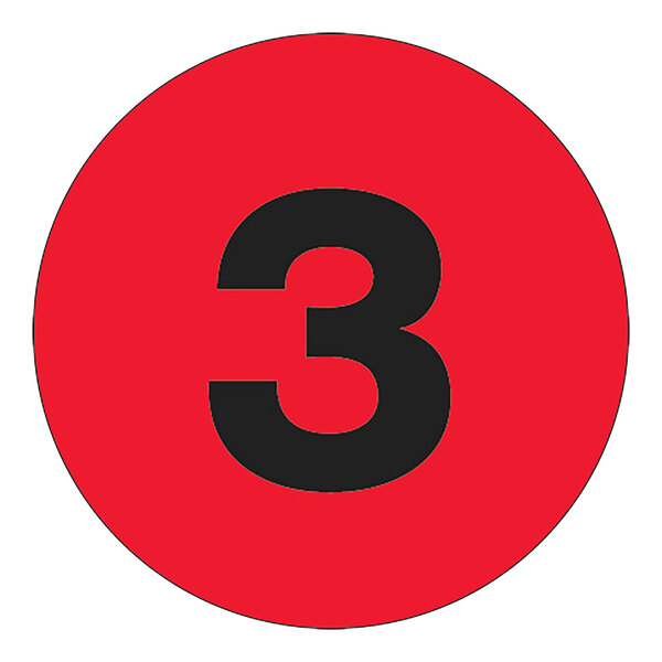 A white label with a red circle and black number three.