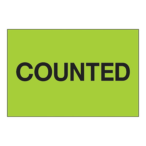 A green rectangular label with black text that says "Counted" in black and green letters.