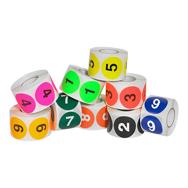 A roll of colorful stickers with numbers.