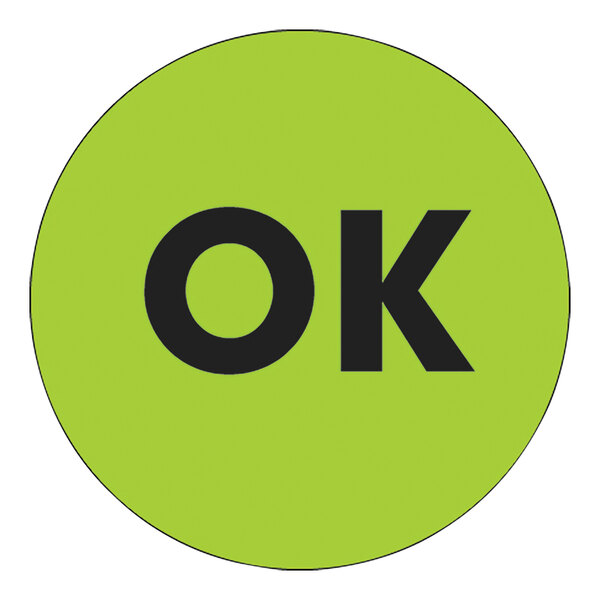 A green circle with the word "Ok" in black letters.