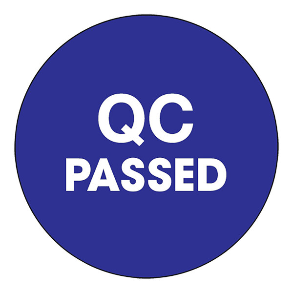 A dark blue circular label with white text that says "QC Passed"