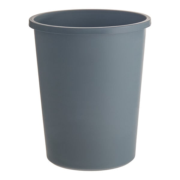 A Lavex grey plastic wastebasket.