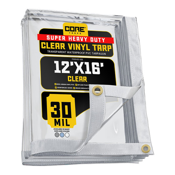 A clear vinyl tarp with reinforced edges in a plastic bag.