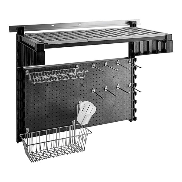 A black wall shelving kit with hooks and a container with holes.