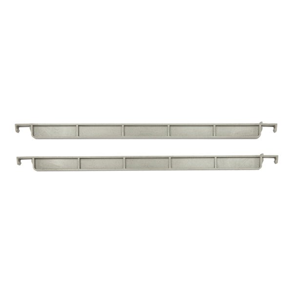 Two speckled gray Cambro shelf divider bars with long handles.