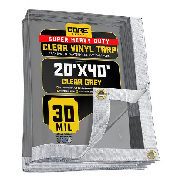 A stack of clear Core clear vinyl tarps with reinforced edges.