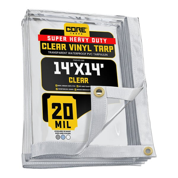 A clear plastic bag with a stack of Core Clear Extreme Heavy-Duty Vinyl Tarps inside.