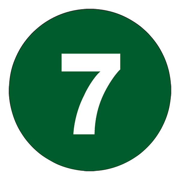 A green and white rectangle label with a dark green number seven.