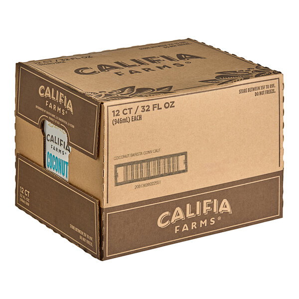 A brown and white Califia Farms Barista Blend Coconut Milk box with a label.