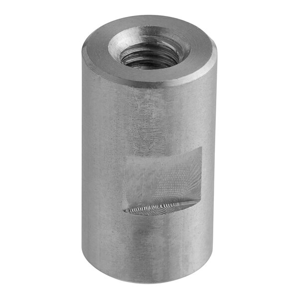 A metal cylindrical locking bush with a stainless steel nut on one end.