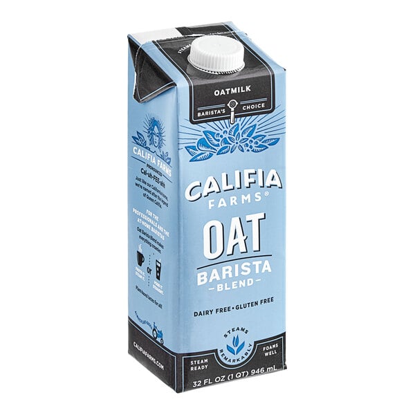 A close-up of a carton of Califia Farms Barista Blend Oat Milk.