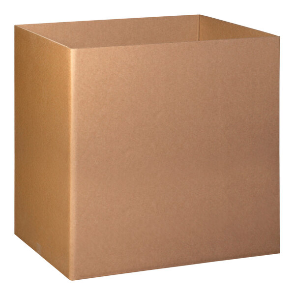 A Lavex brown cardboard box with a lid open.