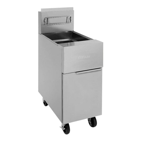 A Dean by Frymaster stainless steel floor fryer with wheels.