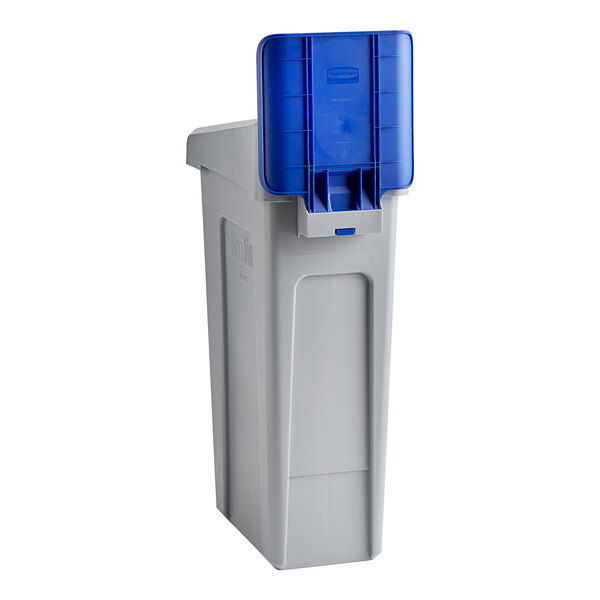 A white rectangular Rubbermaid Slim Jim single-stream mixed recycling station with a blue lid.