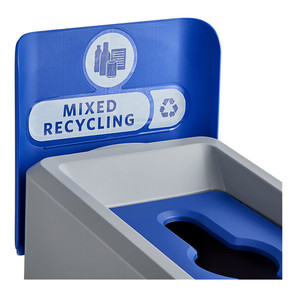 A Rubbermaid Slim Jim single-stream recycling station for mixed recycling with a blue lid.