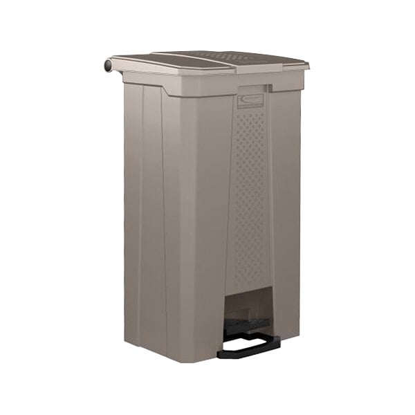 A beige rectangular Suncast step-on trash can with a black lid.