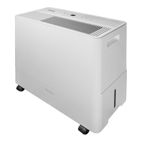 A white rectangular Danby dehumidifier with wheels.