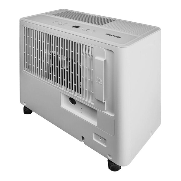 A white rectangular Danby dehumidifier with wheels and a vent.