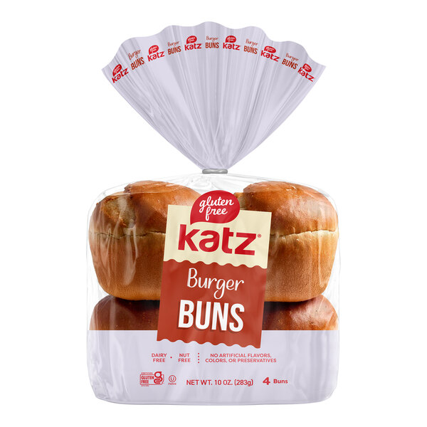 A package of Katz's Gluten-Free burger buns in plastic wrap.