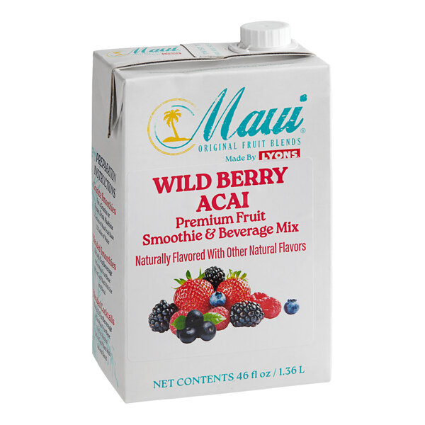 A white box of Maui by Lyons Wild Berry Acai Smoothie Mix with a label.