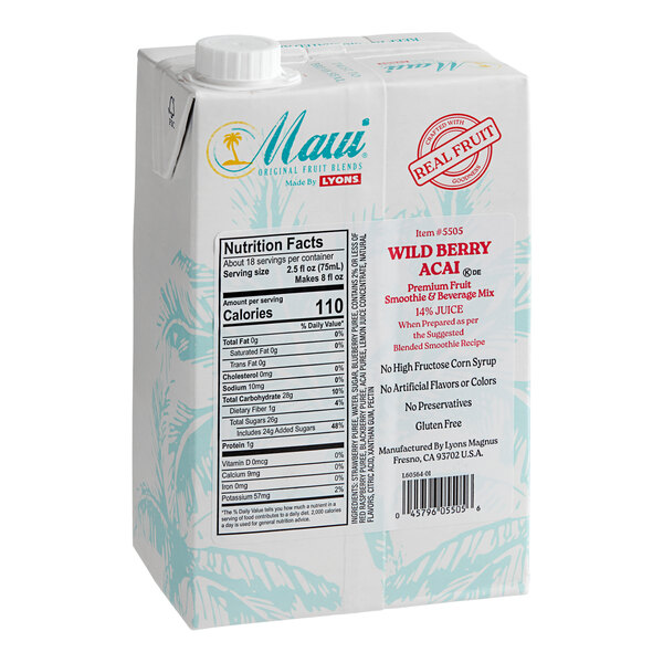 A white box of Maui by Lyons Wild Berry Acai Smoothie Mix with blue and red text.
