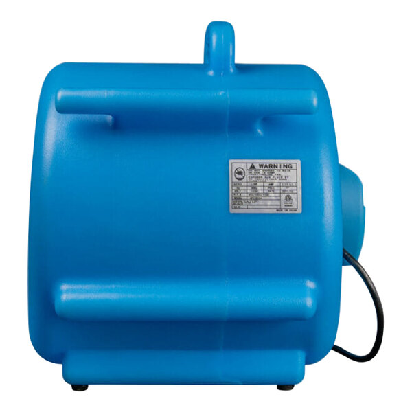 A blue plastic cylinder with a black cord and white label.