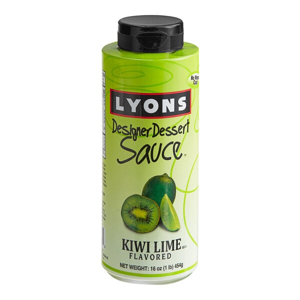 A case of 12 Lyons Designer Kiwi Lime Flavoring Sauce bottles with green labels.