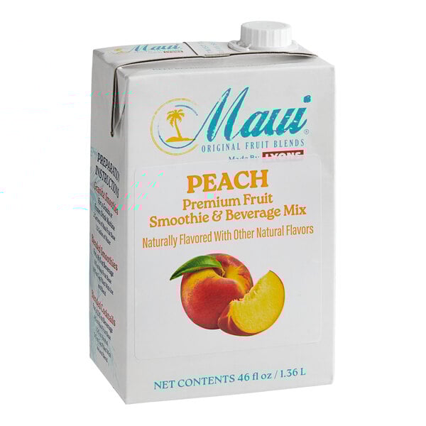 A white carton of Maui by Lyons Peach Smoothie Mix with a label showing a close up of a peach.