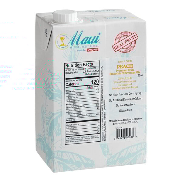 A carton of Maui by Lyons Peach Smoothie Mix with blue and white text on a white background.
