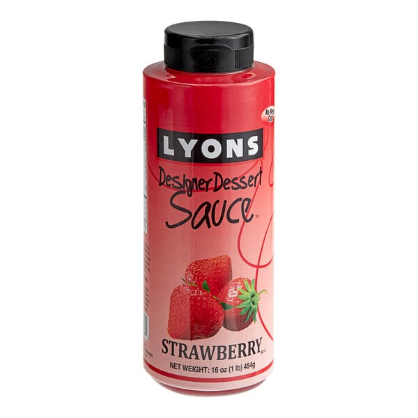 A case of 12 Lyons Designer Dessert Strawberry Flavoring Sauce bottles on a counter.