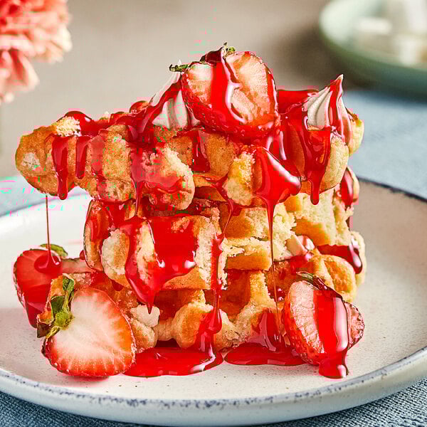 A plate of waffles with Lyons strawberry flavoring sauce and strawberries.