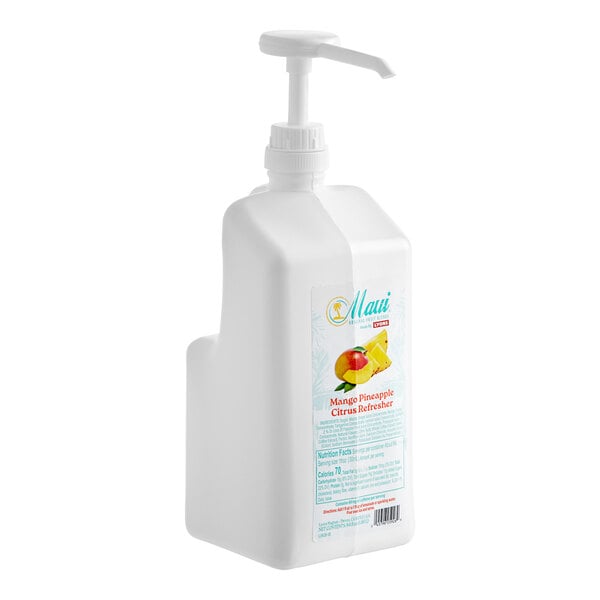 A white plastic bottle of Maui by Lyons Mango Pineapple Citrus Refresher Beverage Concentrate with a label and pump.