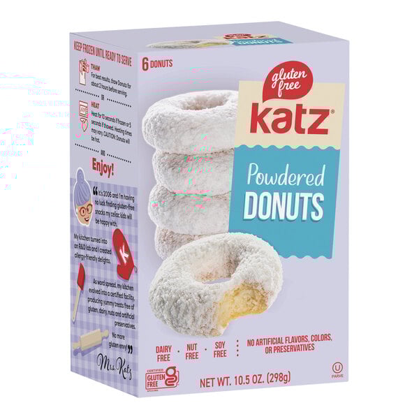 A box of Katz Gluten-Free powdered donuts.
