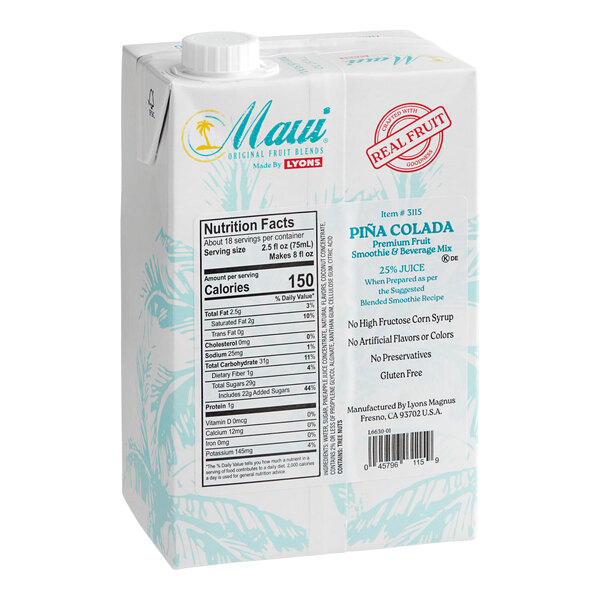 A white carton of Maui by Lyons Pina Colada Smoothie Mix with blue and red text.