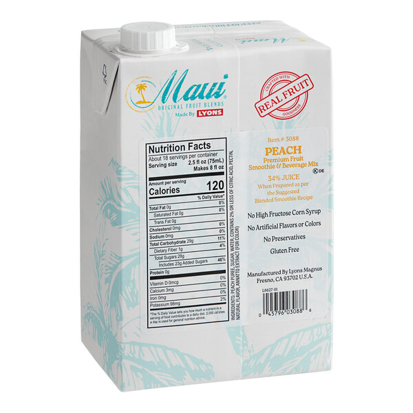 A white carton of Maui by Lyons Peach Smoothie Mix with blue and white text.