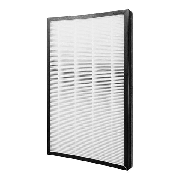 A close-up of a black and white Danby True HEPA filter with Activated Carbon pre-filter.