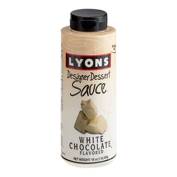 A close-up of a Lyons Designer White Chocolate Flavoring Sauce can.
