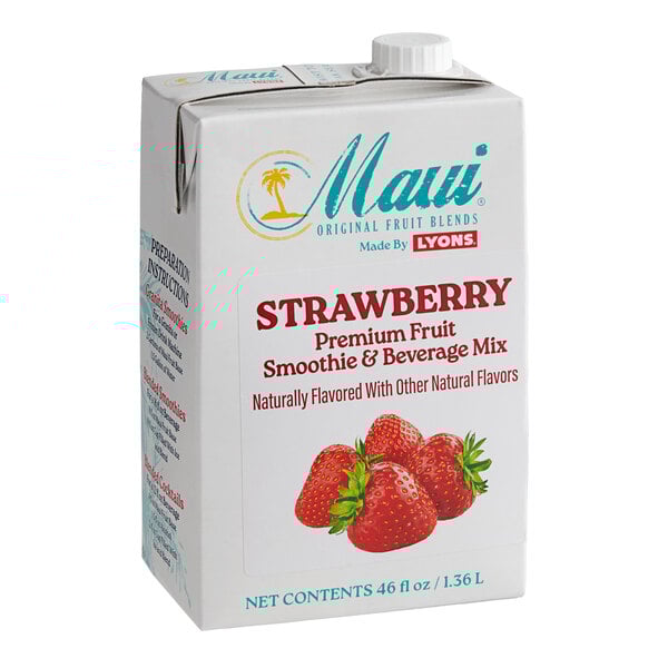 A white box of Maui by Lyons Strawberry Smoothie Mix with red and white text on the front.