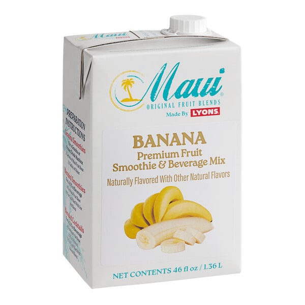 A carton of Maui by Lyons banana smoothie mix with images of bananas, pineapple, and mango.