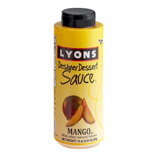 A yellow Lyons mango flavoring sauce bottle with a black lid.