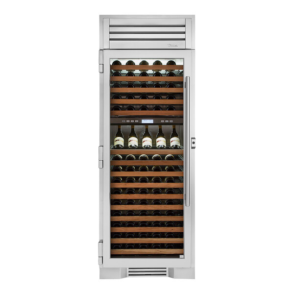 A True stainless steel dual zone wine merchandiser with a glass door filled with bottles of wine.
