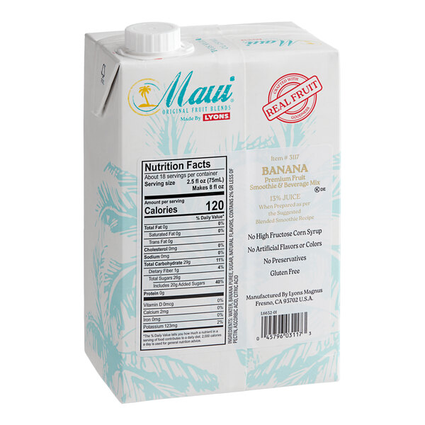A carton of Maui by Lyons Banana Smoothie Mix with blue and yellow text on a white background.