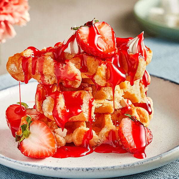 A waffle with strawberries and Lyons Designer Dessert strawberry sauce on a plate.