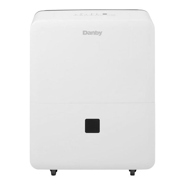 A white Danby dehumidifier with wheels and a black square button.