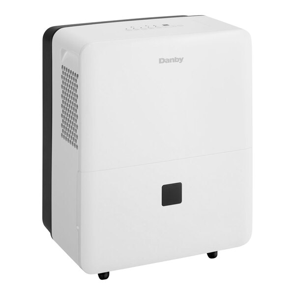 A white rectangular Danby dehumidifier with a black square on the bottom.