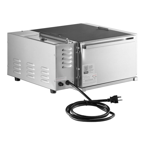 An electric countertop tortilla and portion steamer with a stainless steel exterior, digital controls, and a power cord.