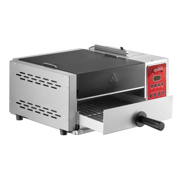 An electric countertop tortilla and portion steamer with digital controls and a pull-out tray.